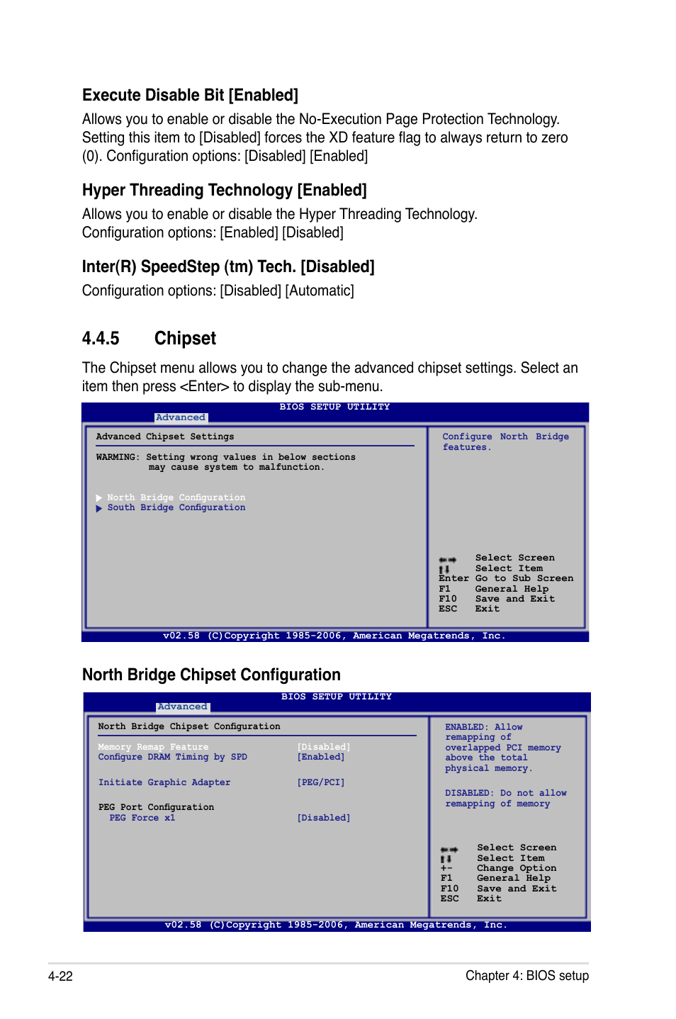 5 chipset, North bridge chipset configuration, Execute disable bit [enabled | Hyper threading technology [enabled, Inter(r) speedstep (tm) tech. [disabled, Configuration options: [disabled] [automatic | Asus P5B Deluxe/WiFi-AP User Manual | Page 92 / 178