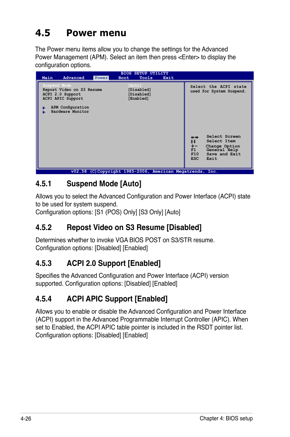 5 power menu, 1 suspend mode [auto, 2 repost video on s3 resume [disabled | 3 acpi 2.0 support [enabled, 4 acpi apic support [enabled | Asus P5B Deluxe/WiFi-AP User Manual | Page 96 / 178
