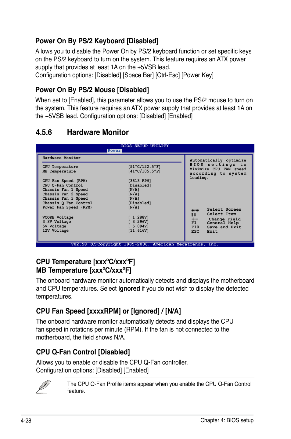 6 hardware monitor, Power on by ps/2 keyboard [disabled, Power on by ps/2 mouse [disabled | Cpu q-fan control [disabled | Asus P5B Deluxe/WiFi-AP User Manual | Page 98 / 178