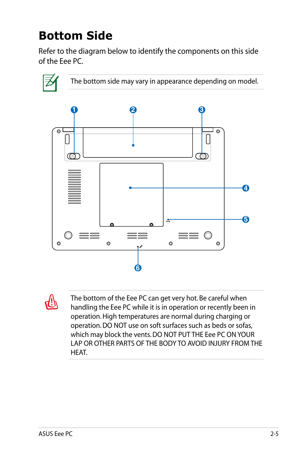 Bottom side | Asus Eee PC 8G/XP User Manual | Page 15 / 74