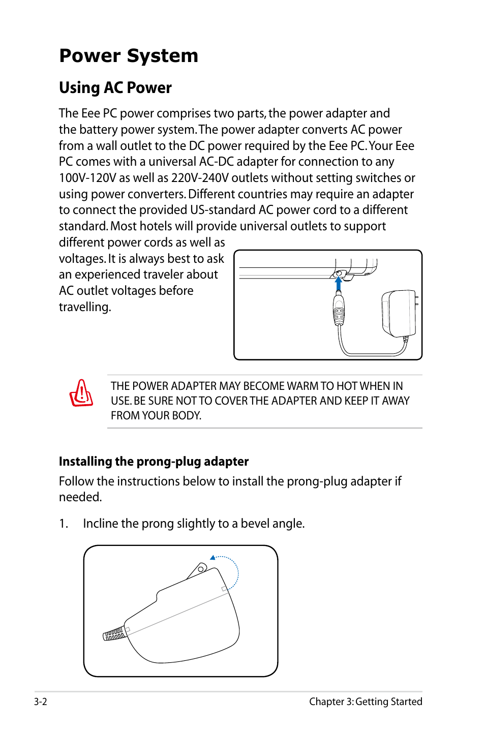 Power system, Using ac power | Asus Eee PC 8G/XP User Manual | Page 22 / 74