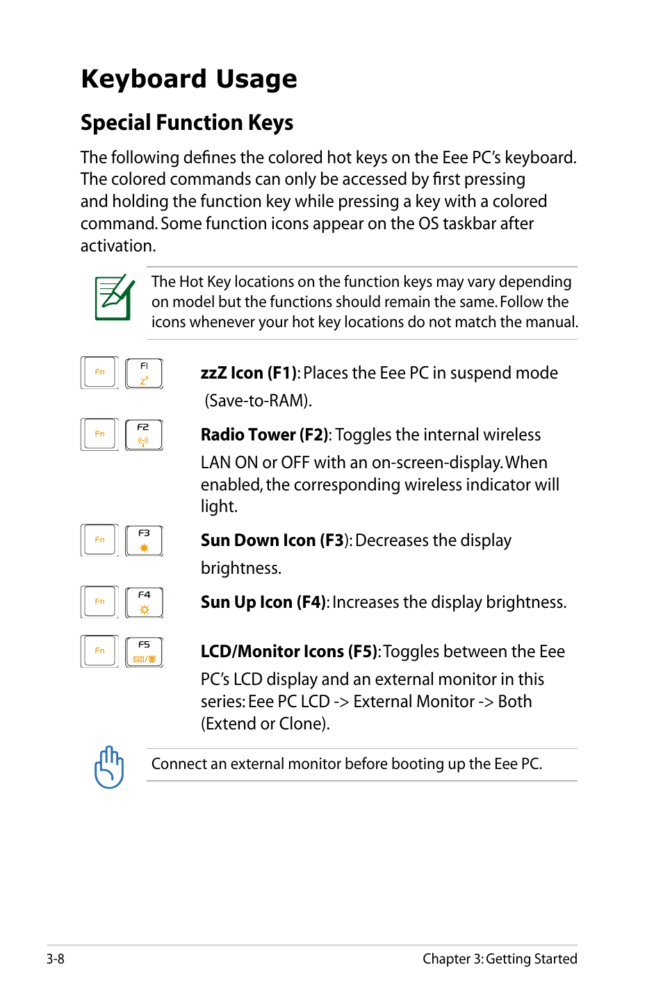 Keyboard usage, Special function keys | Asus Eee PC 8G/XP User Manual | Page 28 / 74