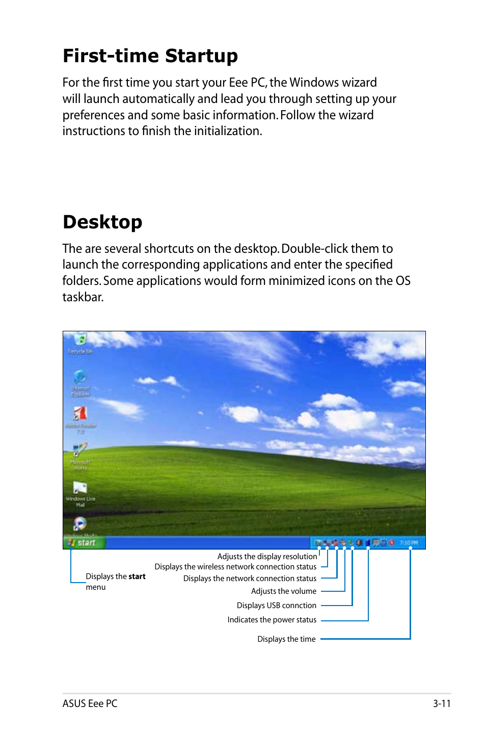 First-time startup, Desktop | Asus Eee PC 8G/XP User Manual | Page 31 / 74