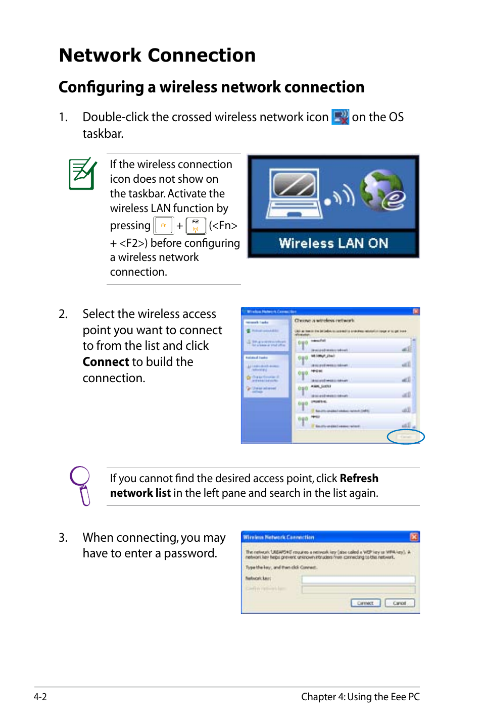 Network connection, Configuring a wireless network connection | Asus Eee PC 8G/XP User Manual | Page 36 / 74