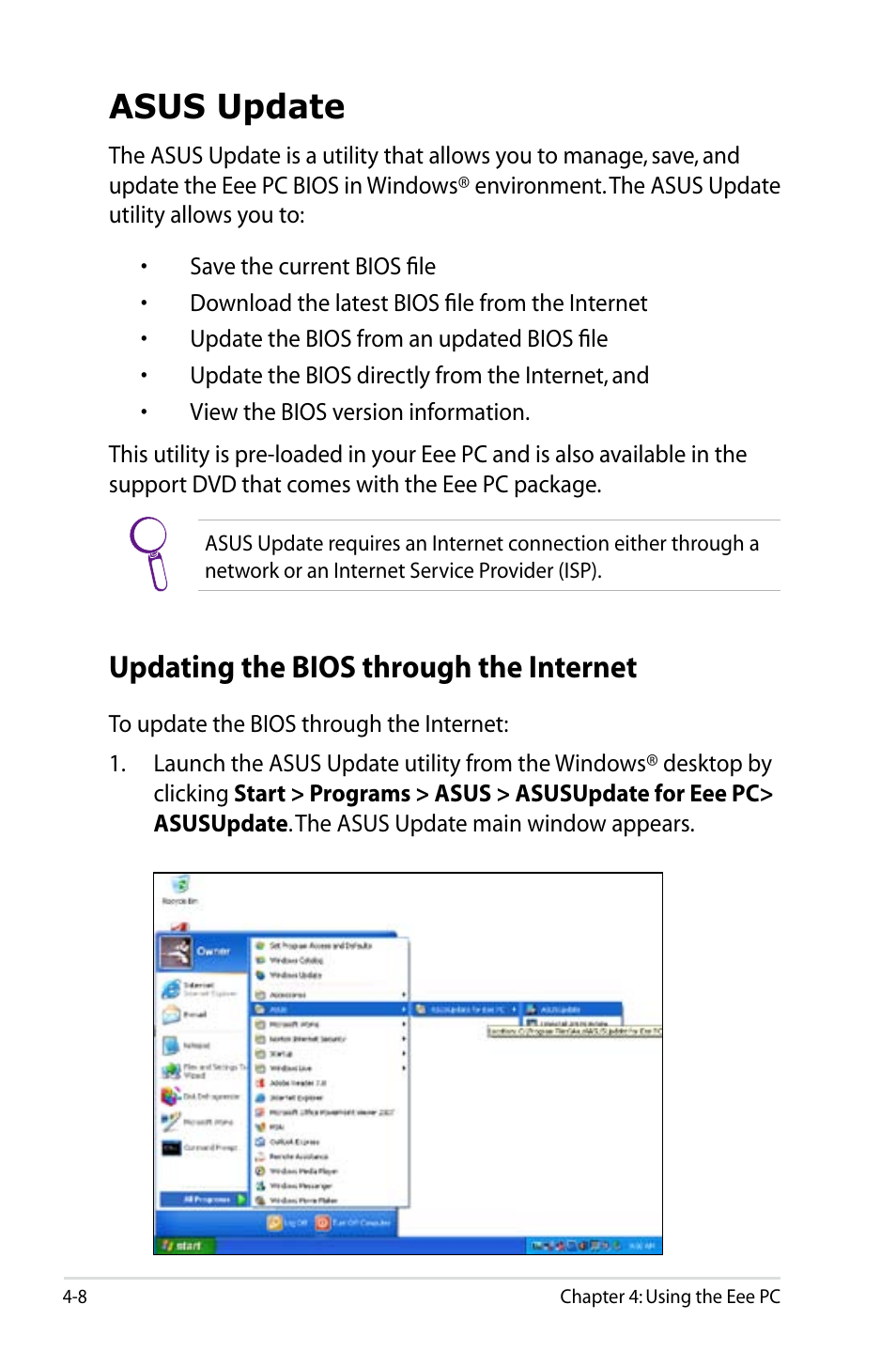 Asus update, Updating the bios through the internet | Asus Eee PC 8G/XP User Manual | Page 42 / 74