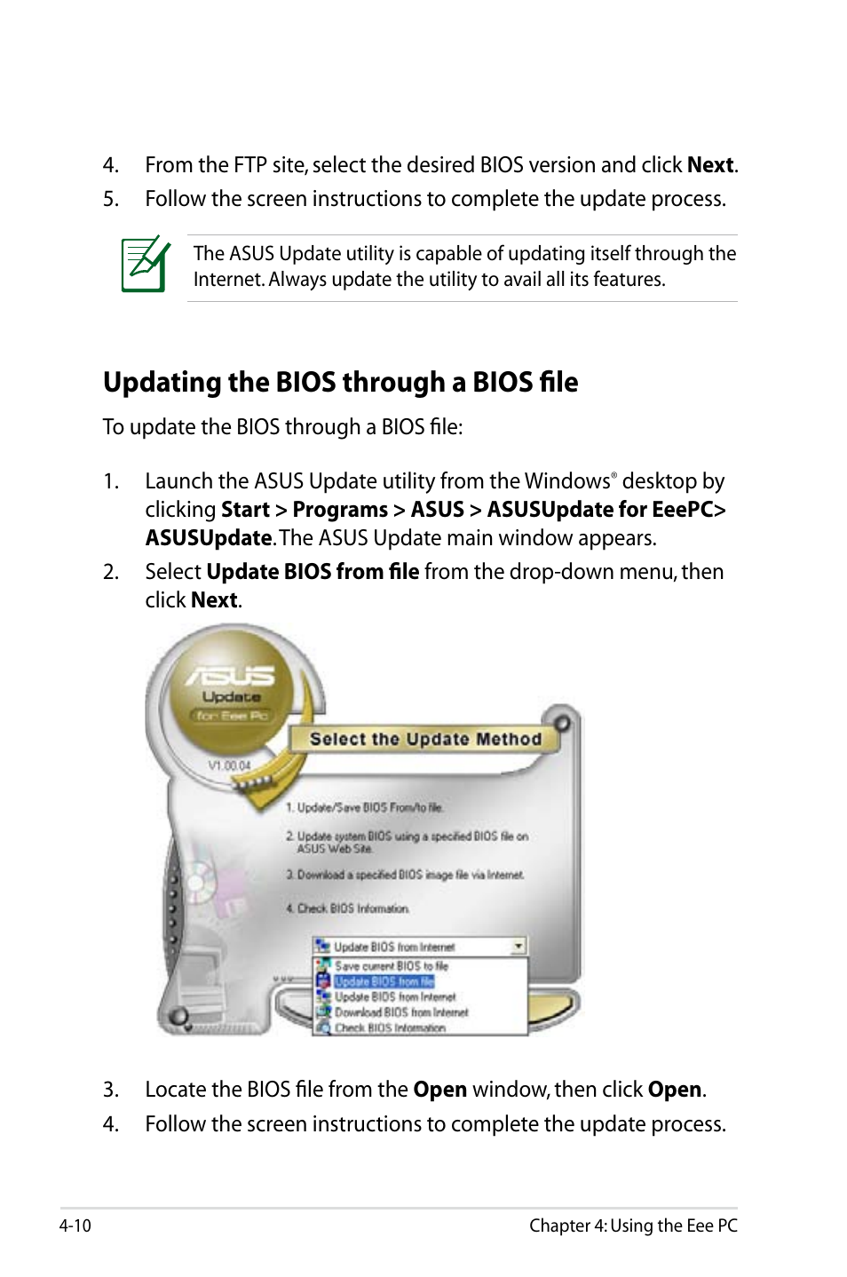 Updating the bios through a bios file | Asus Eee PC 8G/XP User Manual | Page 44 / 74