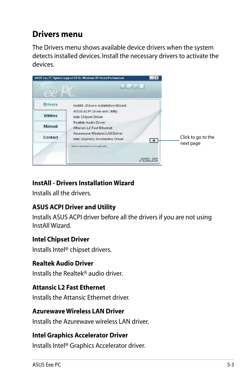 Drivers menu | Asus Eee PC 8G/XP User Manual | Page 53 / 74