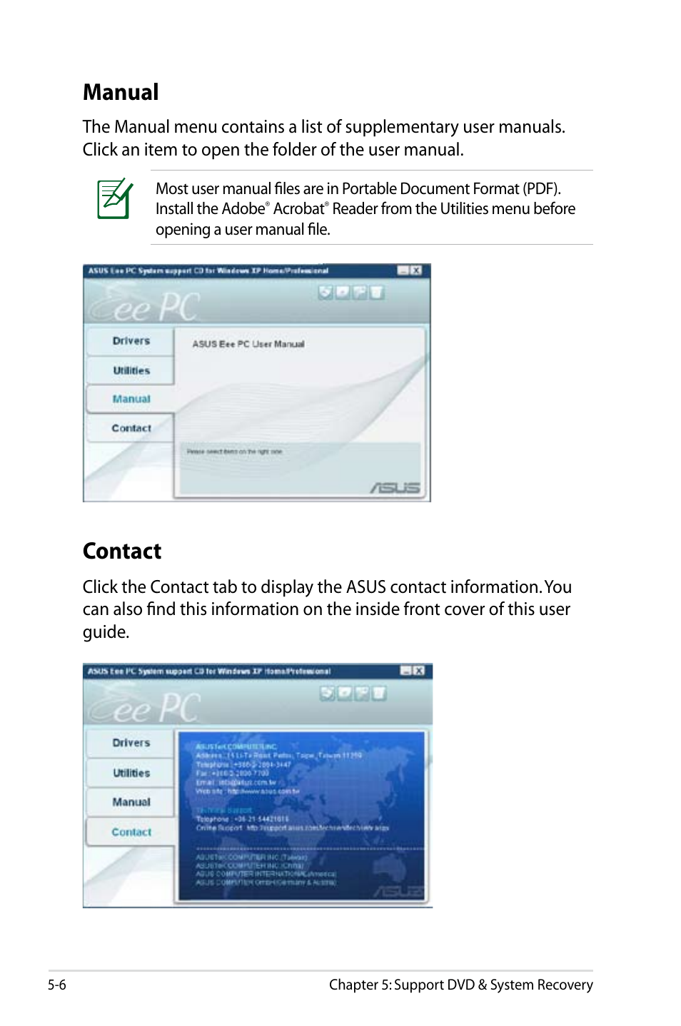 Contact, Manual | Asus Eee PC 8G/XP User Manual | Page 56 / 74