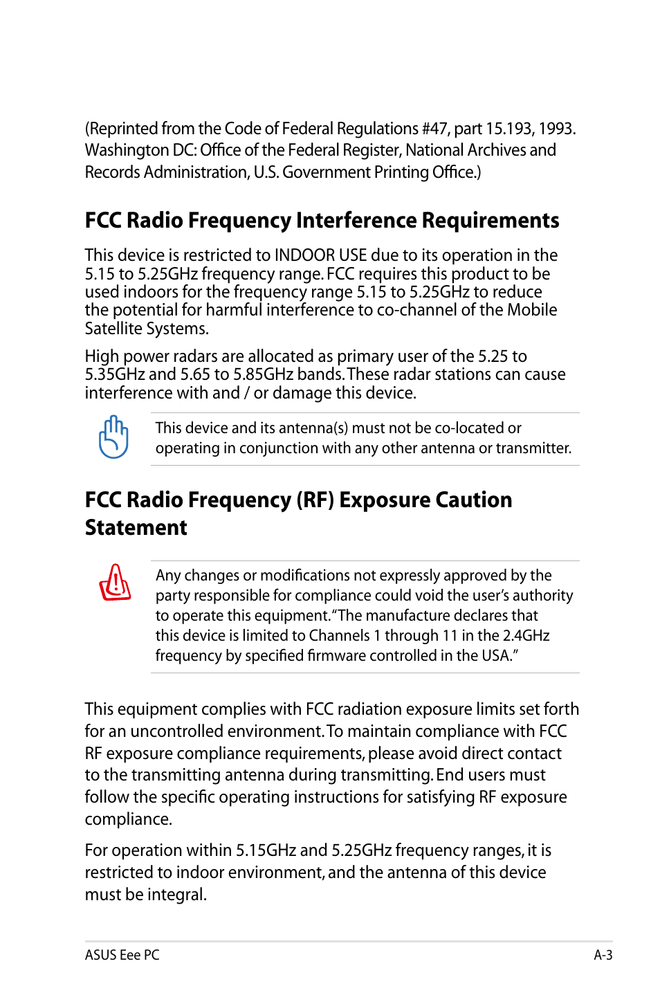 Fcc radio frequency interference requirements | Asus Eee PC 8G/XP User Manual | Page 63 / 74