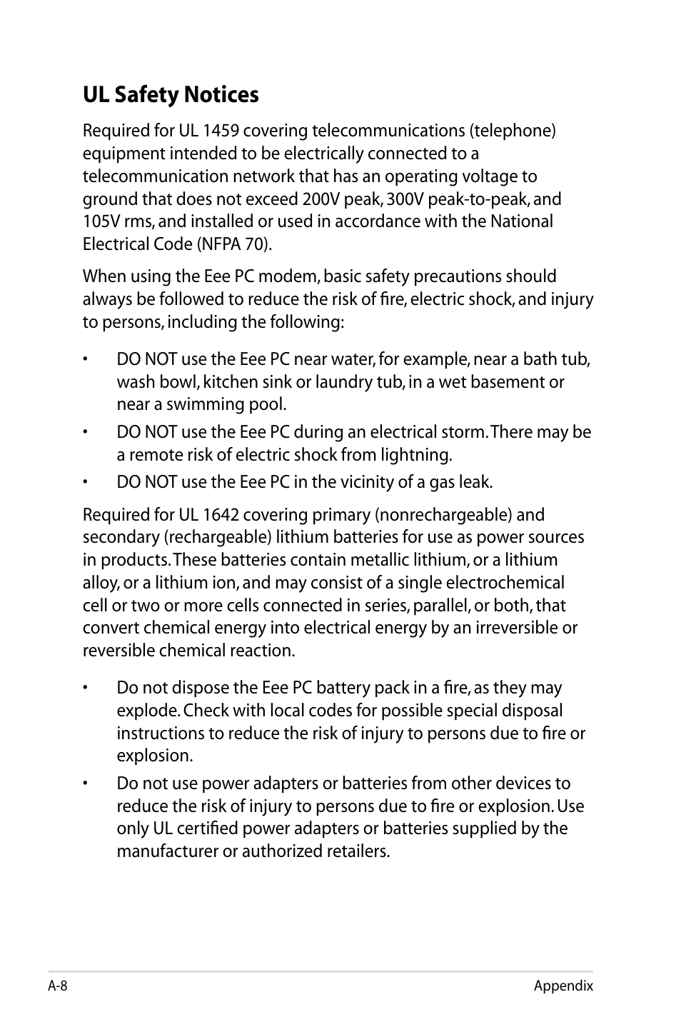 Ul safety notices | Asus Eee PC 8G/XP User Manual | Page 68 / 74