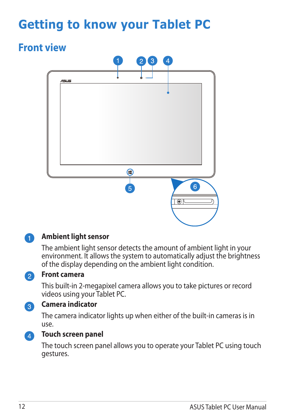 Getting to know your tablet pc, Front view | Asus VivoTab RT 3G User Manual | Page 12 / 76