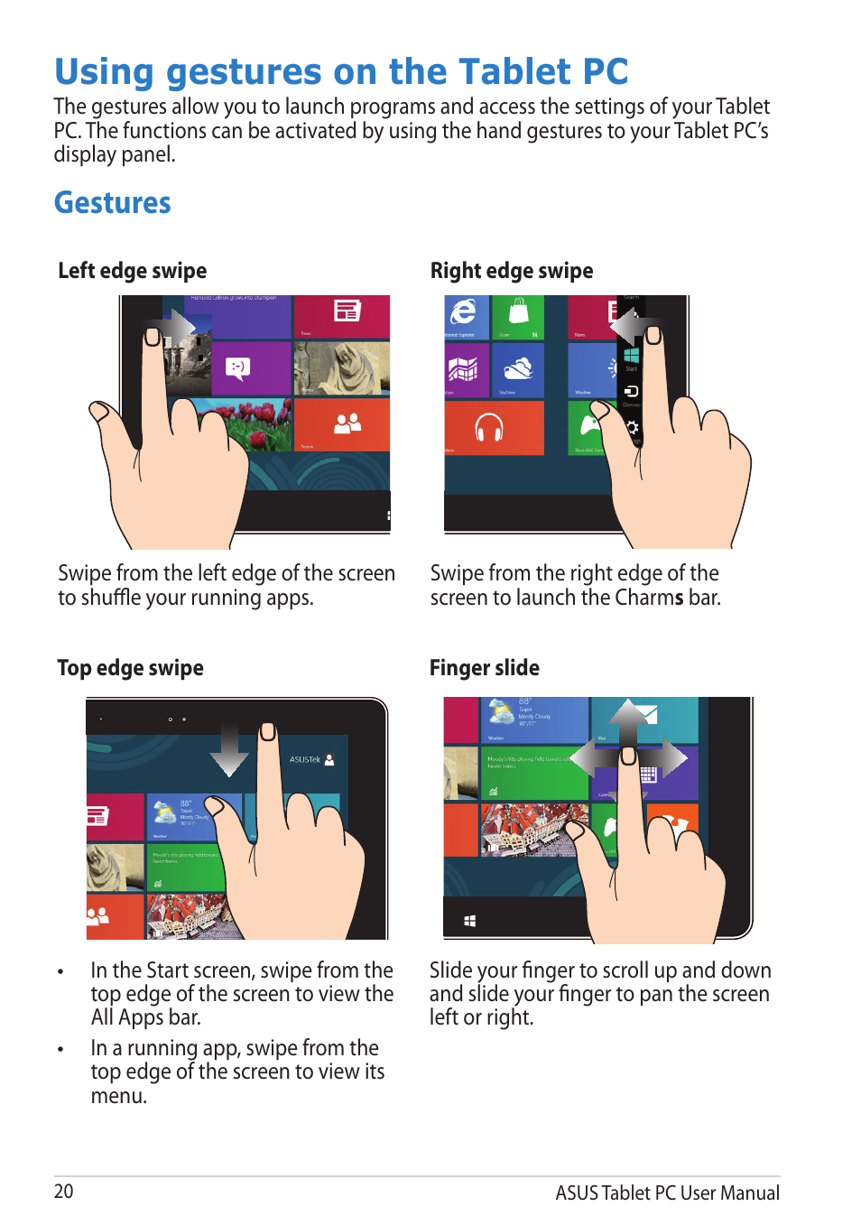 Using gestures on the tablet pc, Gestures | Asus VivoTab RT 3G User Manual | Page 20 / 76