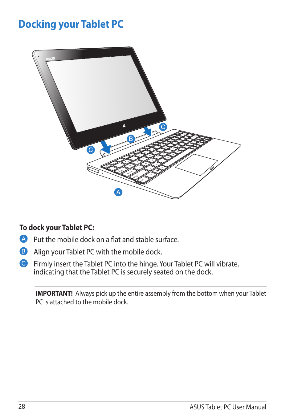 Docking your tablet pc, Asus tablet pc user manual, Scr lk | Num l k, Pgdn pgup hom e end fn | Asus VivoTab RT 3G User Manual | Page 28 / 76