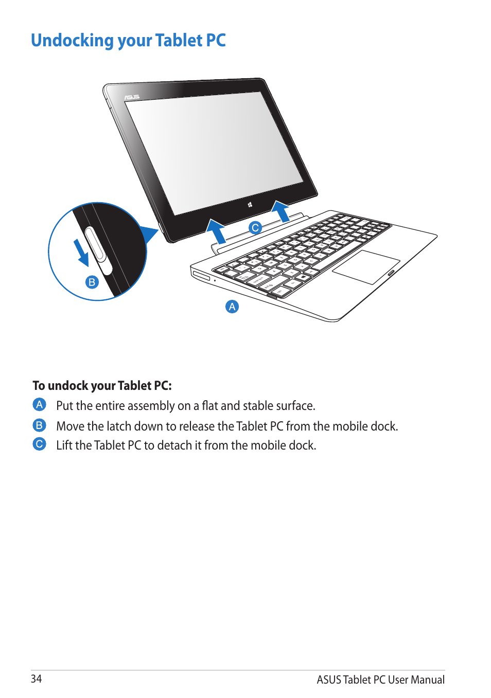 Undocking your tablet pc, Asus tablet pc user manual, Scr lk | Num l k, Pgd n pgup hom e end fn | Asus VivoTab RT 3G User Manual | Page 34 / 76