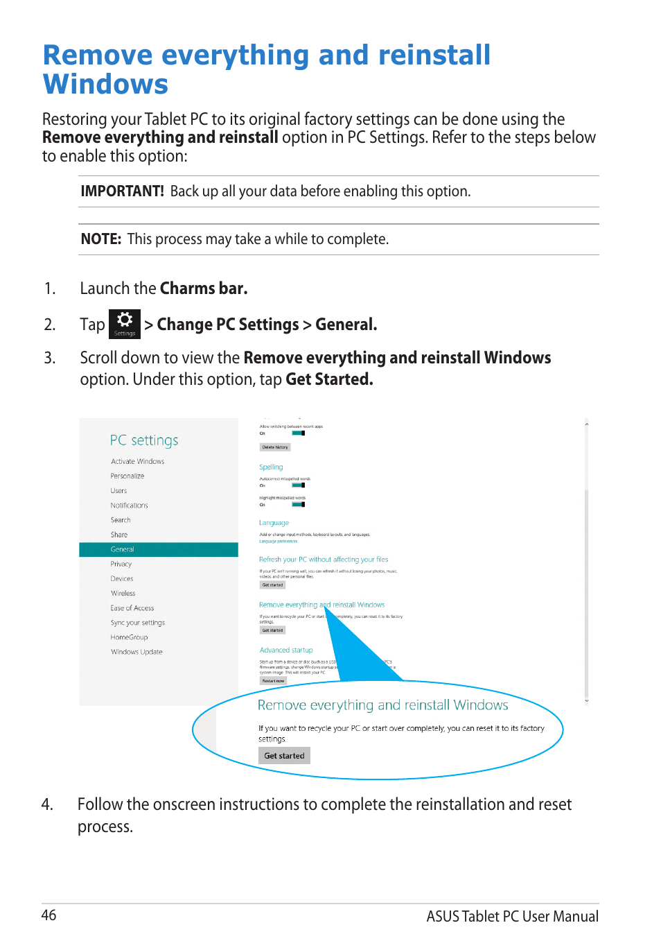 Remove everything and reinstall windows | Asus VivoTab RT 3G User Manual | Page 46 / 76