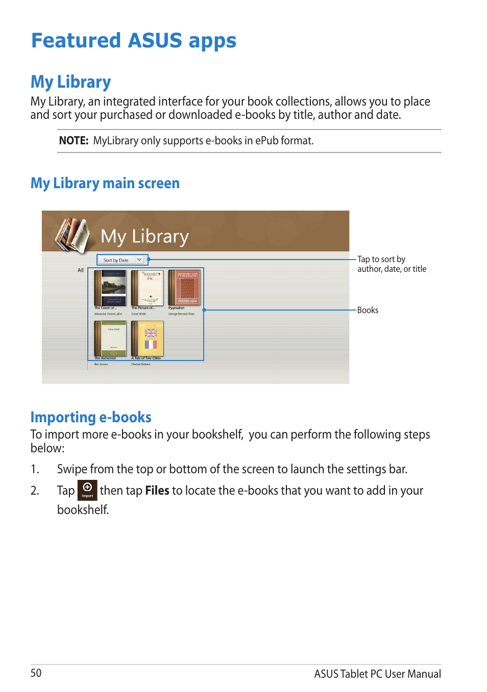 Featured asus apps, My library, Importing e-books | My library main screen | Asus VivoTab RT 3G User Manual | Page 50 / 76