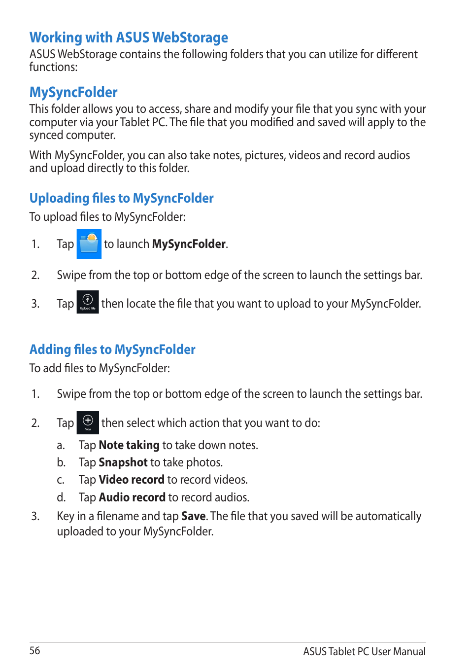 Working with asus webstorage, Mysyncfolder | Asus VivoTab RT 3G User Manual | Page 56 / 76