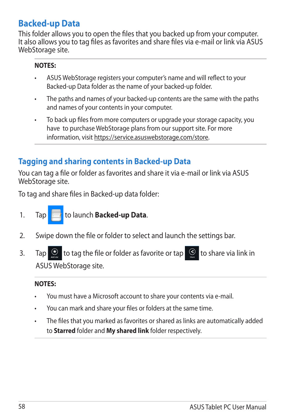 Backed-up data, Tagging and sharing contents in backed-up data | Asus VivoTab RT 3G User Manual | Page 58 / 76