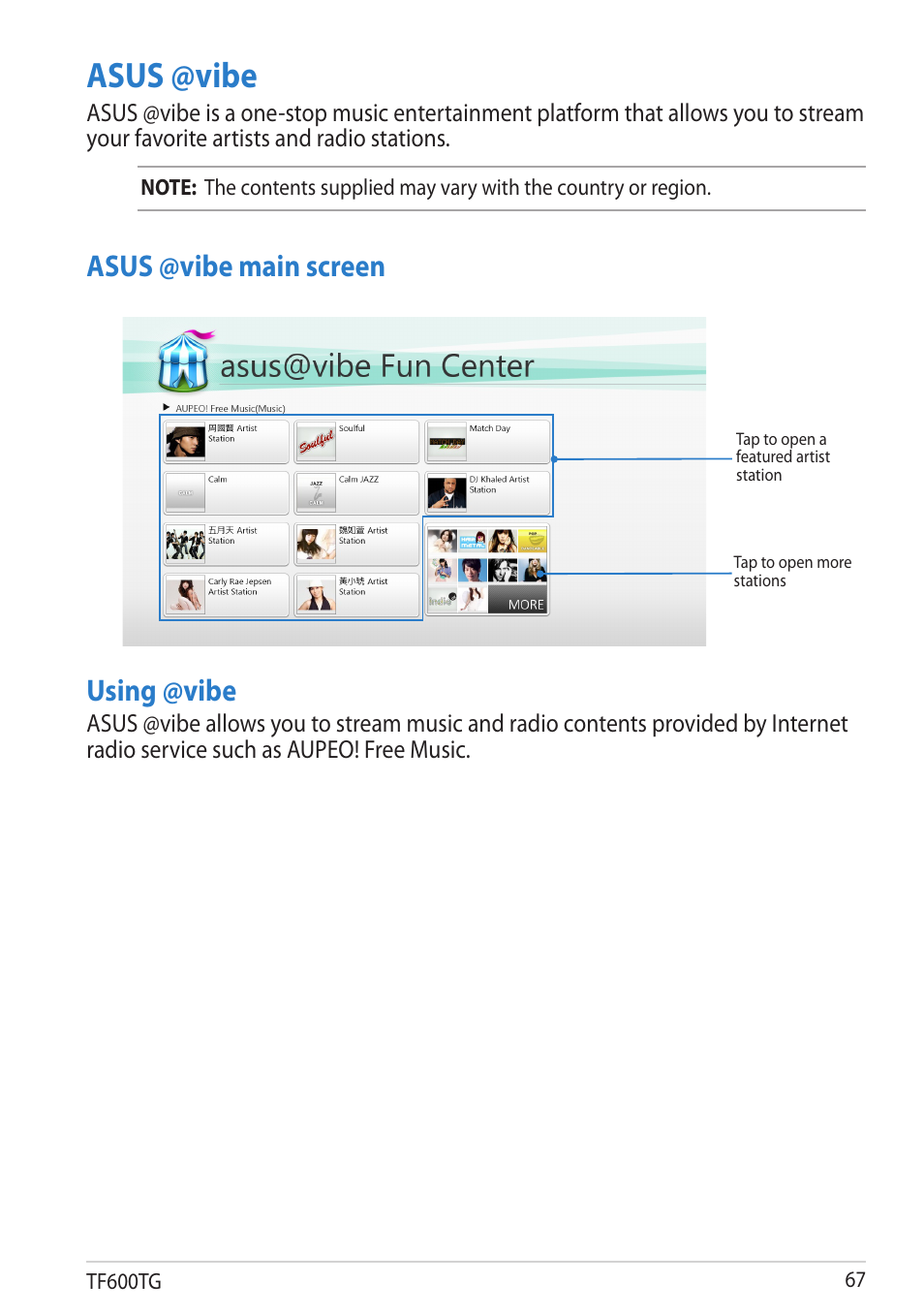 Asus @vibe, Using @vibe, Asus @vibe main screen | Asus VivoTab RT 3G User Manual | Page 67 / 76