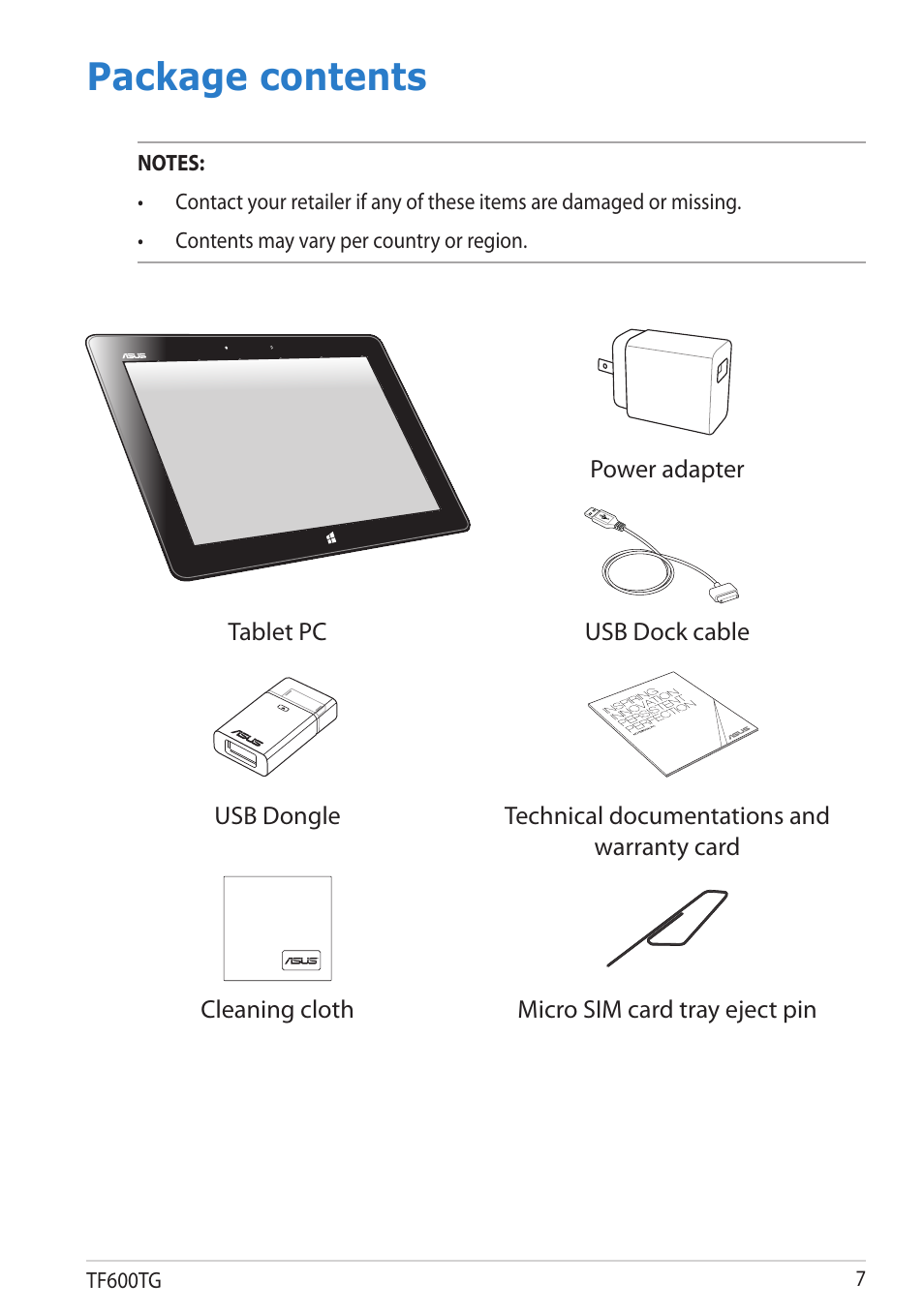 Package contents | Asus VivoTab RT 3G User Manual | Page 7 / 76