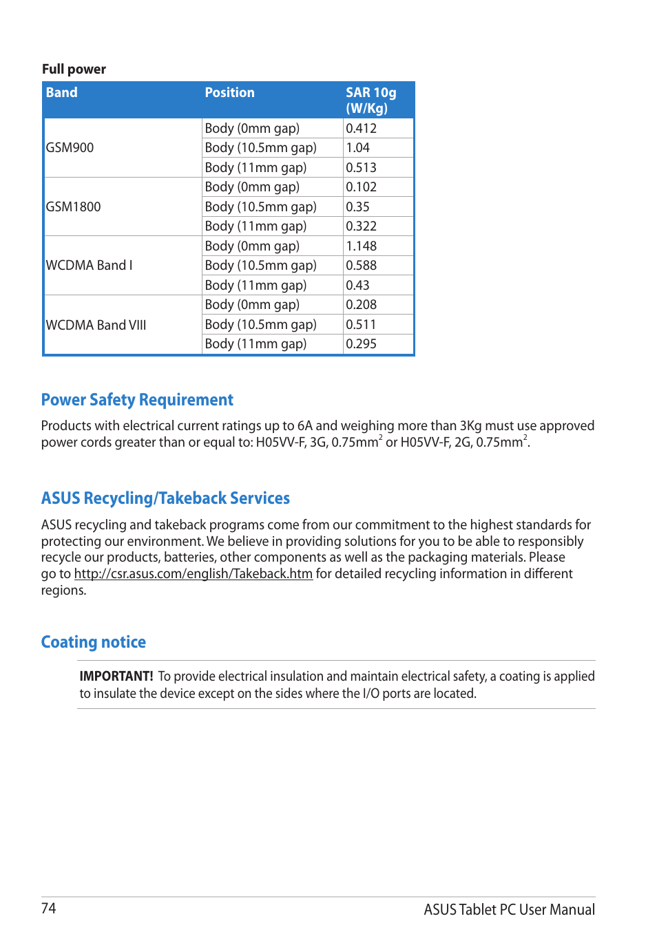 Coating notice, Asus recycling/takeback services, Power safety requirement | Asus VivoTab RT 3G User Manual | Page 74 / 76