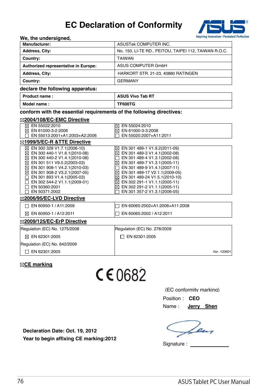 Ec declaration of conformity, Asus tablet pc user manual | Asus VivoTab RT 3G User Manual | Page 76 / 76