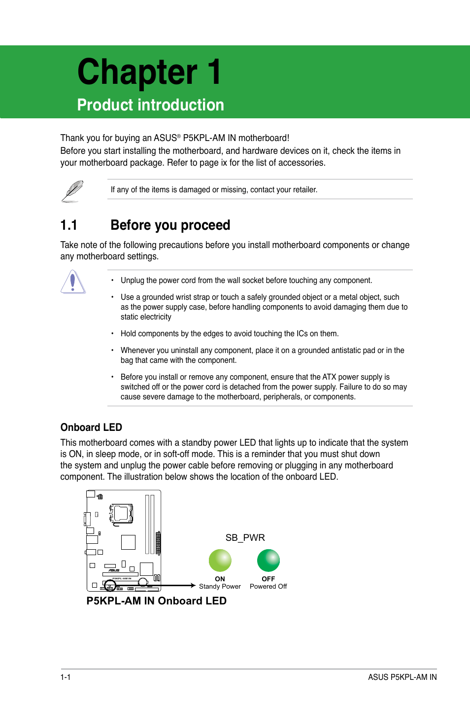 Chapter 1, Product introduction, 1 before you proceed | Asus P5KPL-AM IN/ROEM/SI User Manual | Page 10 / 40