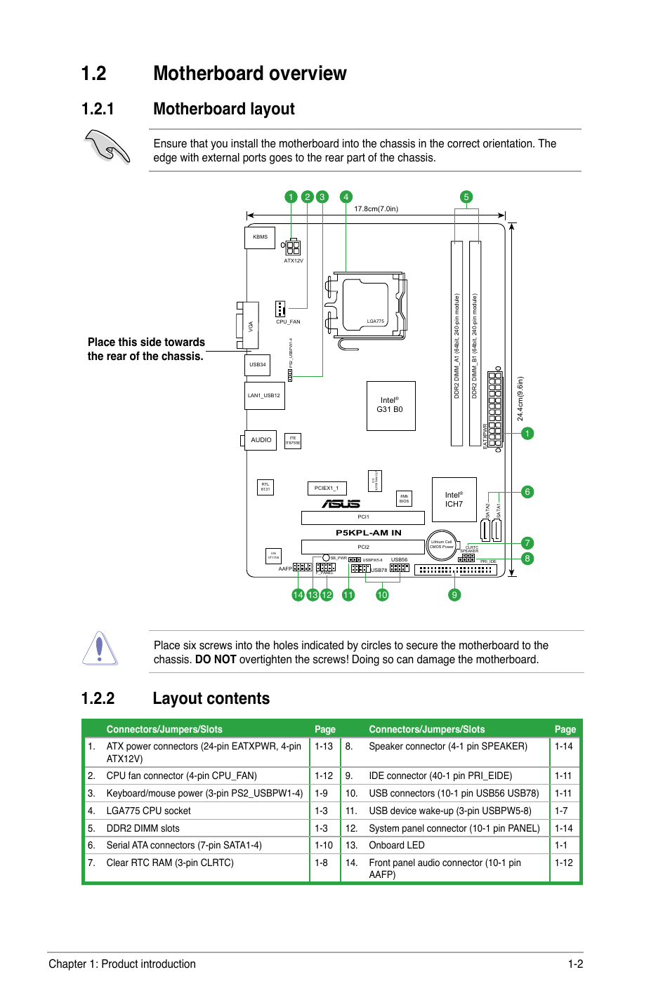 2 motherboard overview, 2 layout contents, 1 motherboard layout | Chapter 1: product introduction 1-2 | Asus P5KPL-AM IN/ROEM/SI User Manual | Page 11 / 40