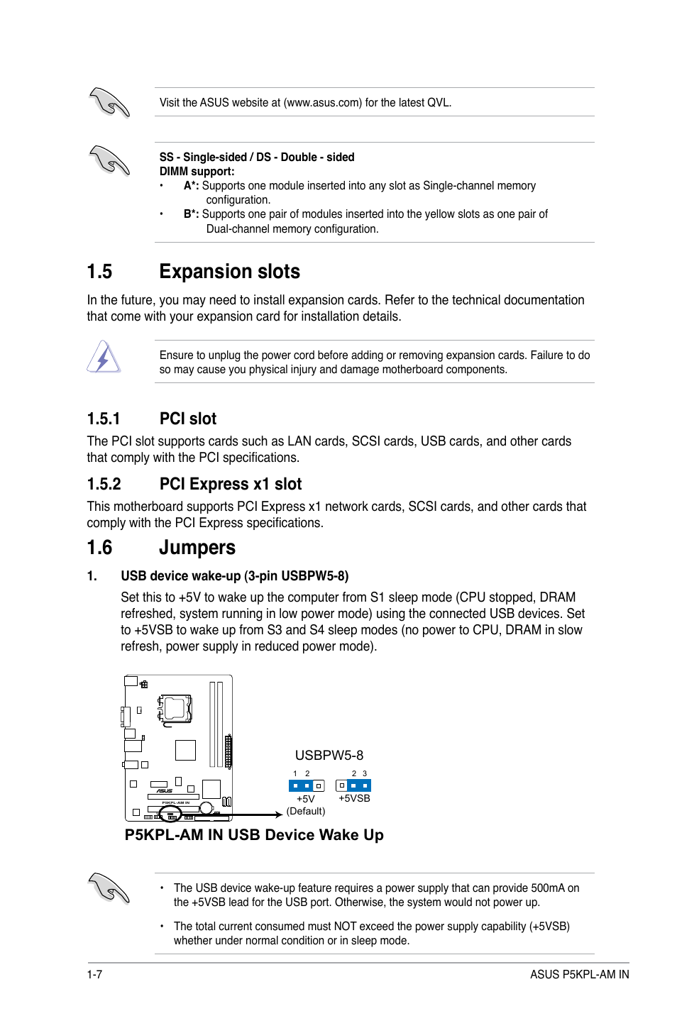 5 expansion slots, 6 jumpers, 1 pci slot | 2 pci express x1 slot | Asus P5KPL-AM IN/ROEM/SI User Manual | Page 16 / 40