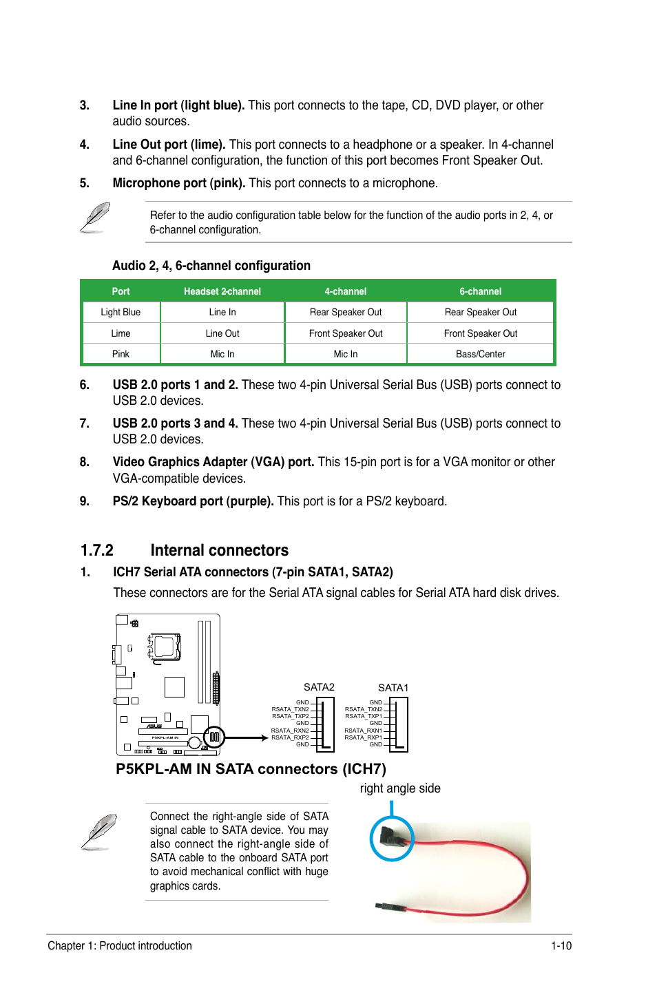 2 internal connectors, P5kpl-am in sata connectors (ich7), Right angle side | Asus P5KPL-AM IN/ROEM/SI User Manual | Page 19 / 40