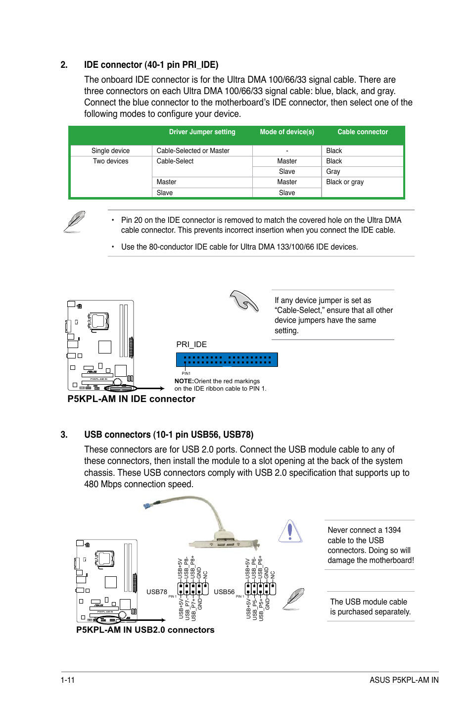 P5kpl-am in ide connector, P5kpl-am in usb2.0 connectors | Asus P5KPL-AM IN/ROEM/SI User Manual | Page 20 / 40