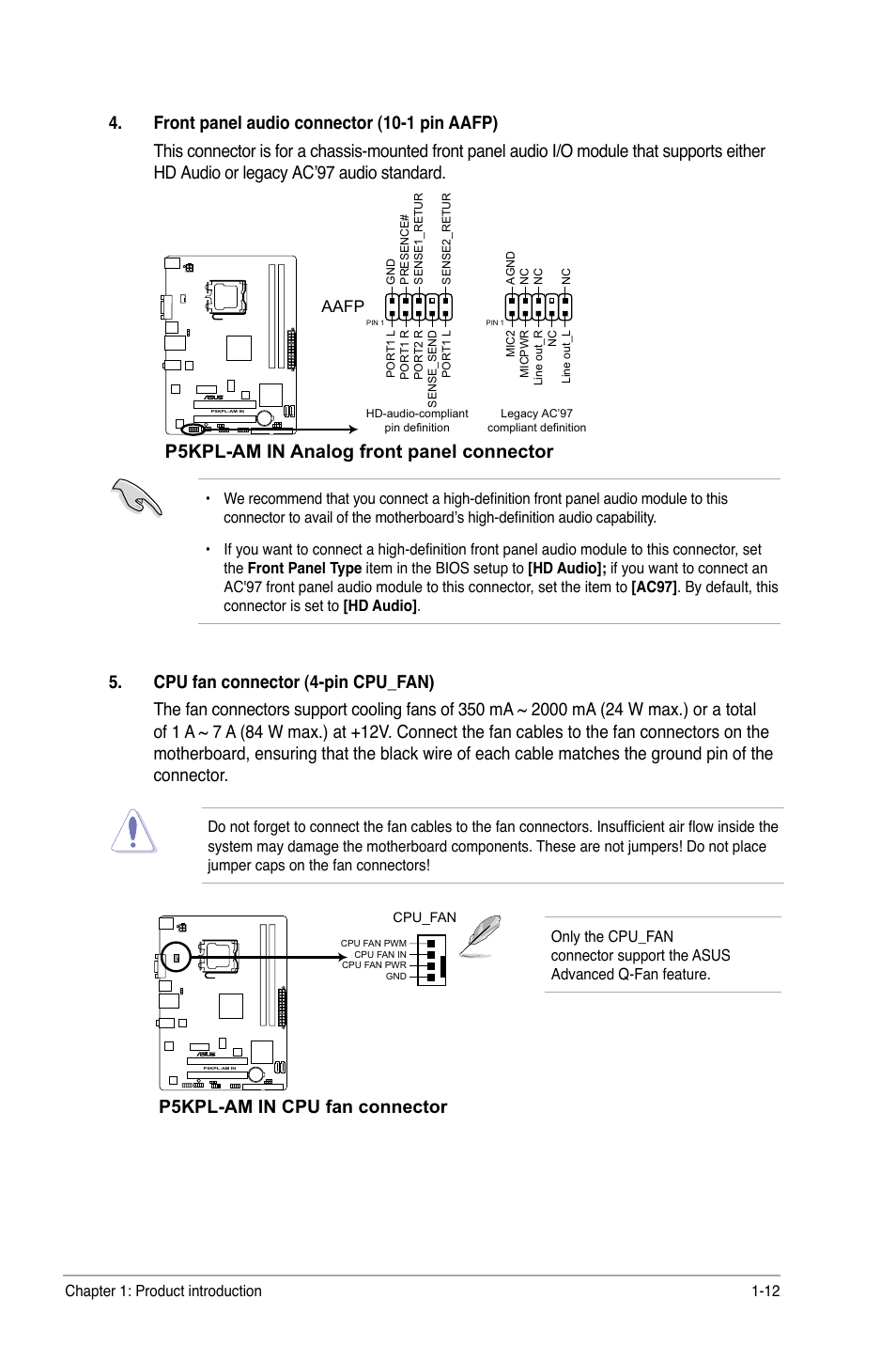 P5kpl-am in analog front panel connector, P5kpl-am in cpu fan connector, Aafp | Asus P5KPL-AM IN/ROEM/SI User Manual | Page 21 / 40