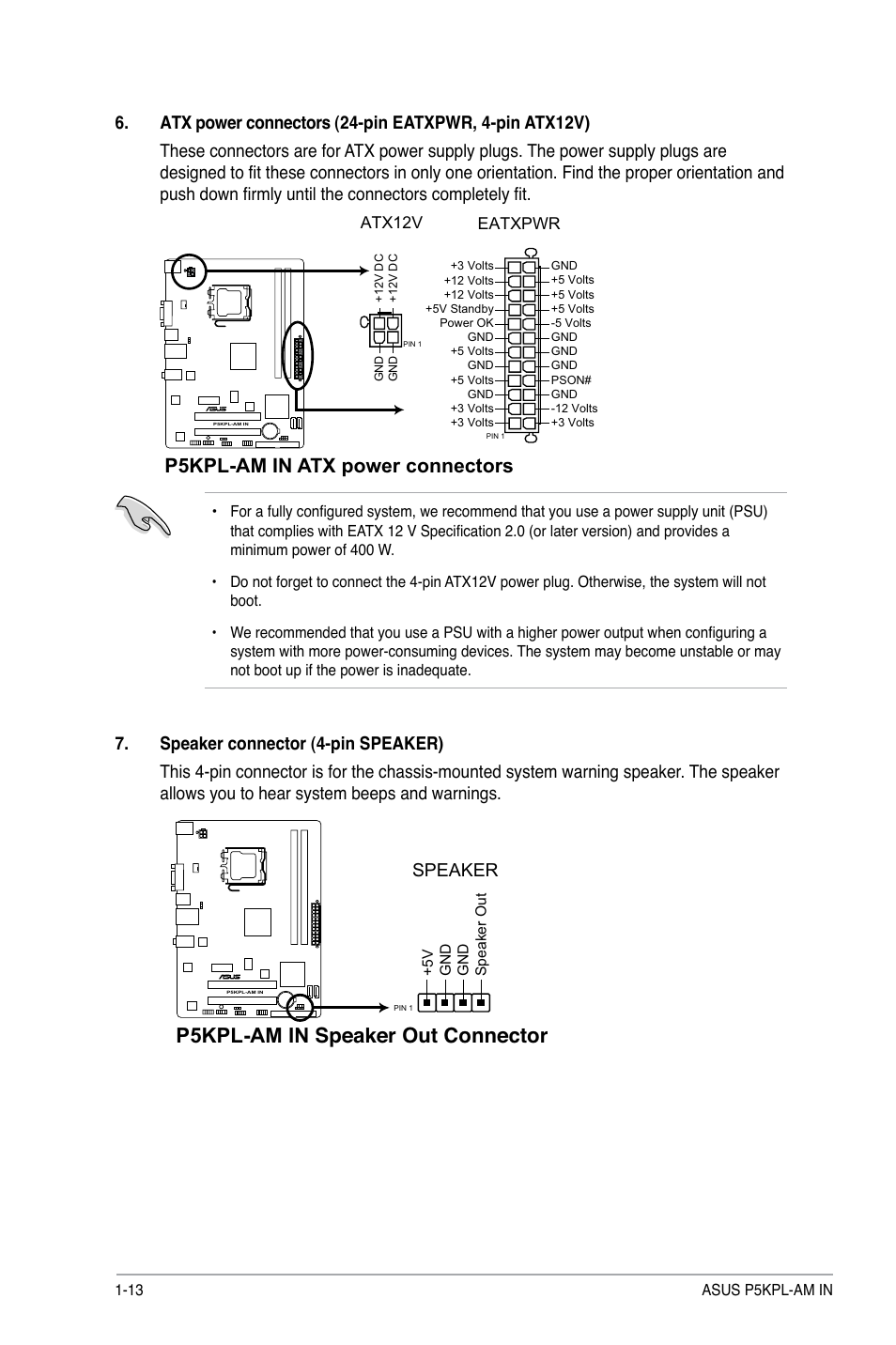 P5kpl-am in speaker out connector, P5kpl-am in atx power connectors, Speaker | Asus P5KPL-AM IN/ROEM/SI User Manual | Page 22 / 40