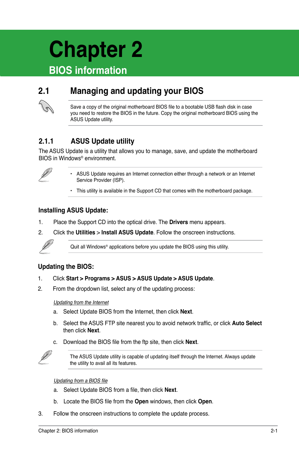 Chapter 2, Bios information, 1 managing and updating your bios | 1 asus update utility | Asus P5KPL-AM IN/ROEM/SI User Manual | Page 25 / 40