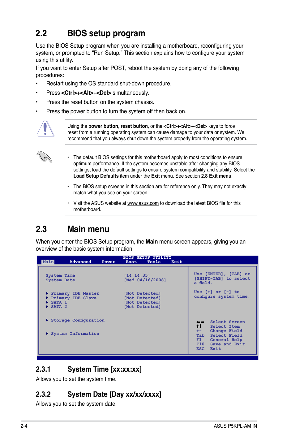 2 bios setup program, 3 main menu, 1 system time [xx:xx:xx | Asus P5KPL-AM IN/ROEM/SI User Manual | Page 28 / 40