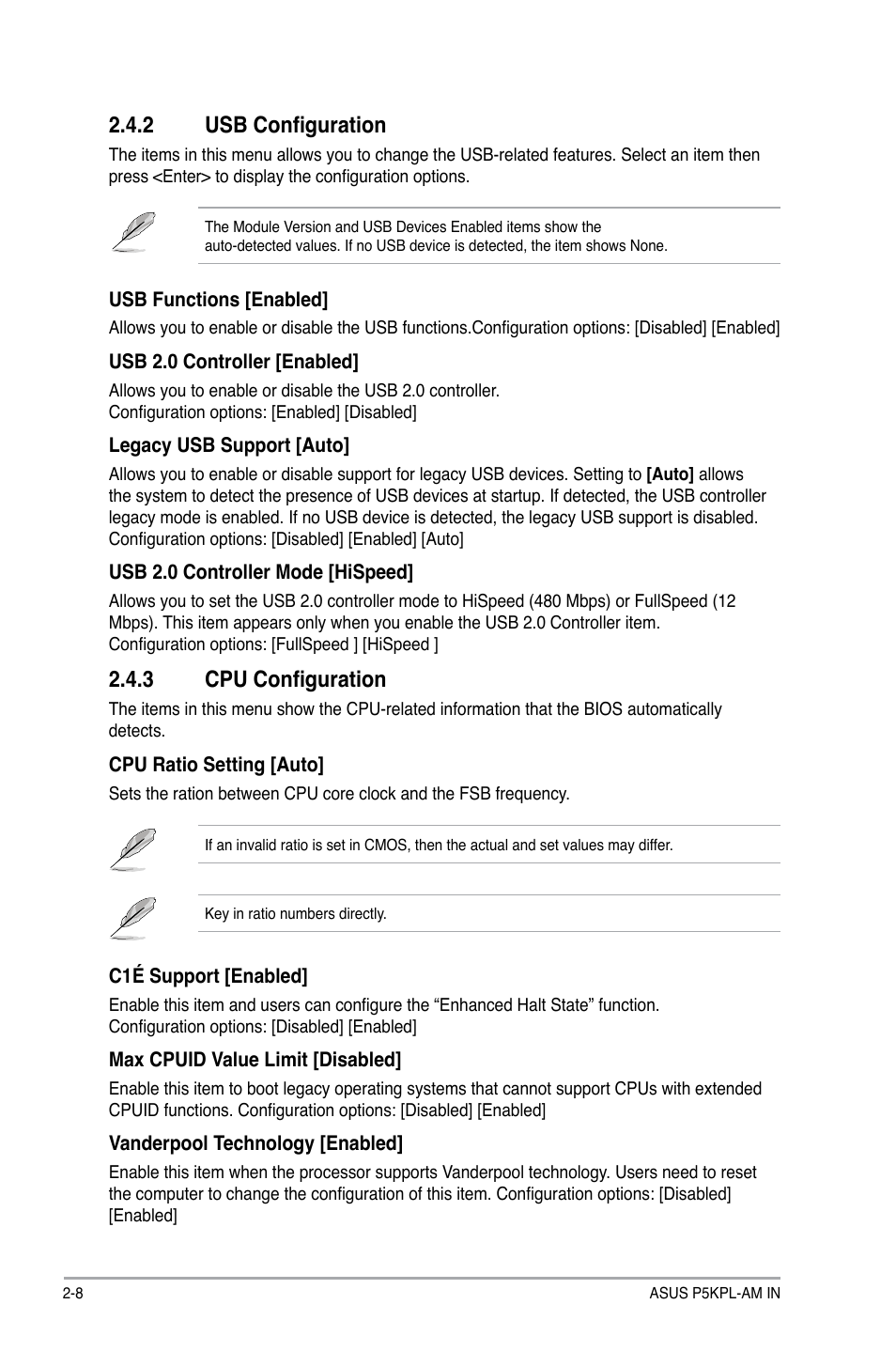 2 usb configuration, 3 cpu configuration | Asus P5KPL-AM IN/ROEM/SI User Manual | Page 32 / 40