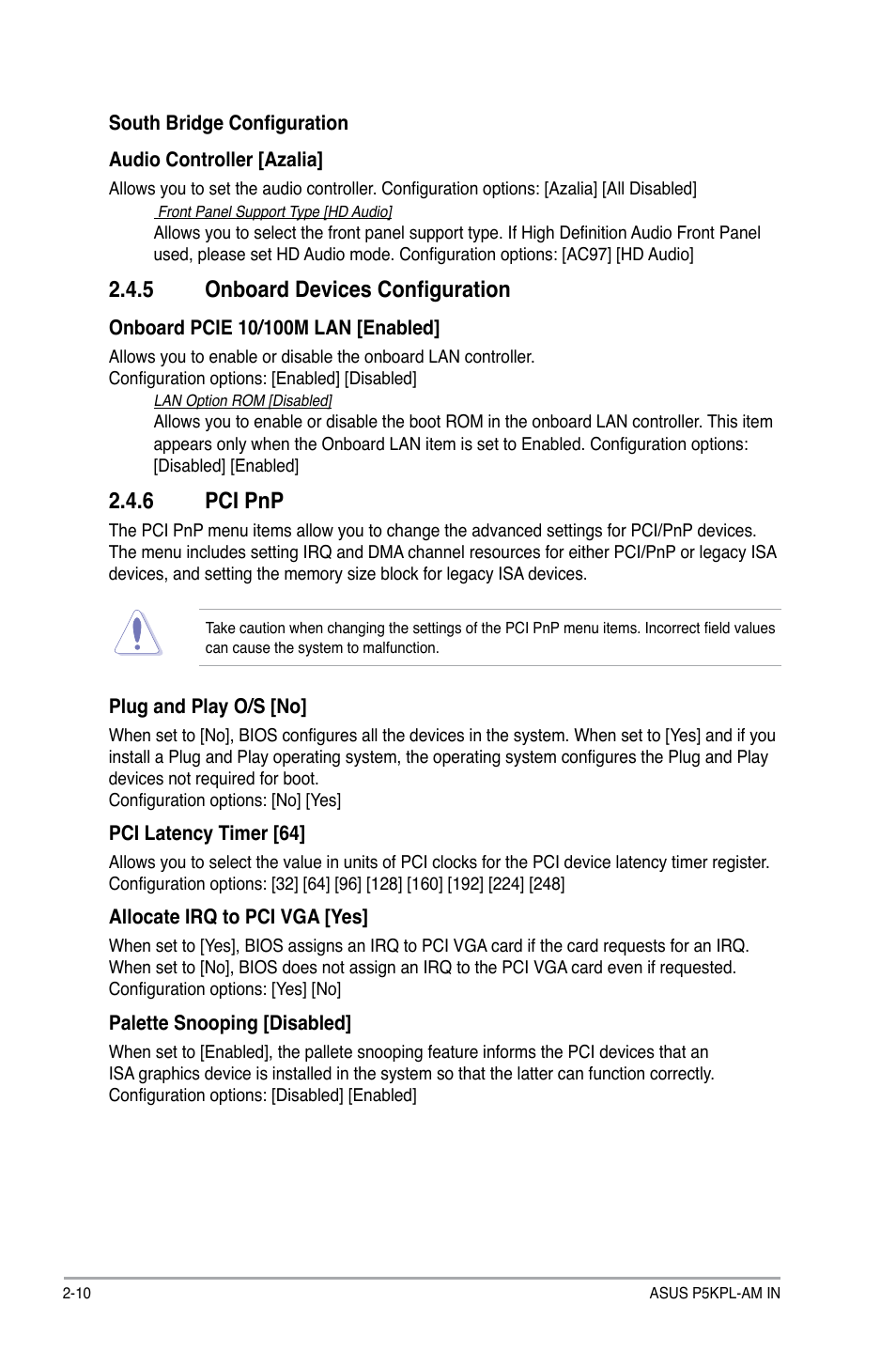 5 onboard devices configuration, 6 pci pnp | Asus P5KPL-AM IN/ROEM/SI User Manual | Page 34 / 40