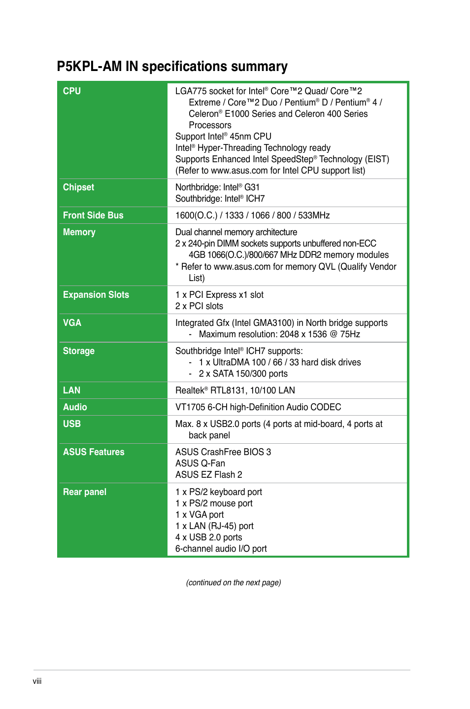 P5kpl-am in specifications summary | Asus P5KPL-AM IN/ROEM/SI User Manual | Page 8 / 40