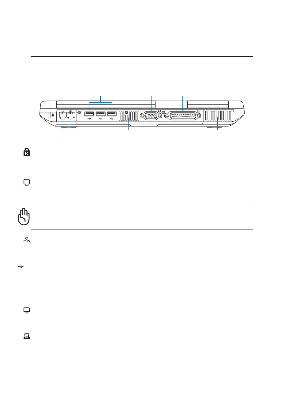 Rear side, Knowing the parts, Usb port (2.0/1.1) | Display port, Parallel port, Modem port, Kensington, Lock port | Asus M2C User Manual | Page 23 / 76