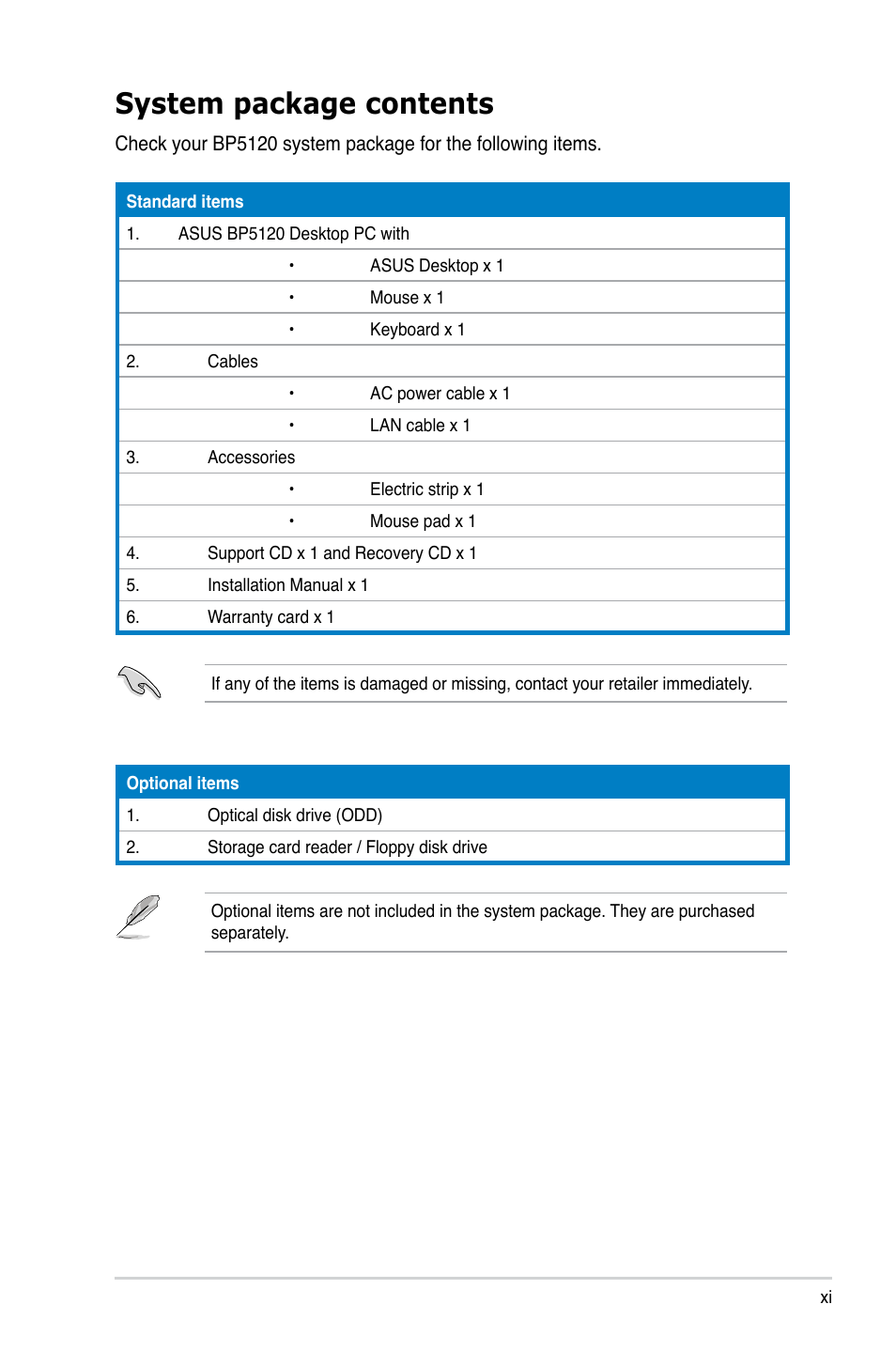 System package contents | Asus BP5120 User Manual | Page 11 / 56