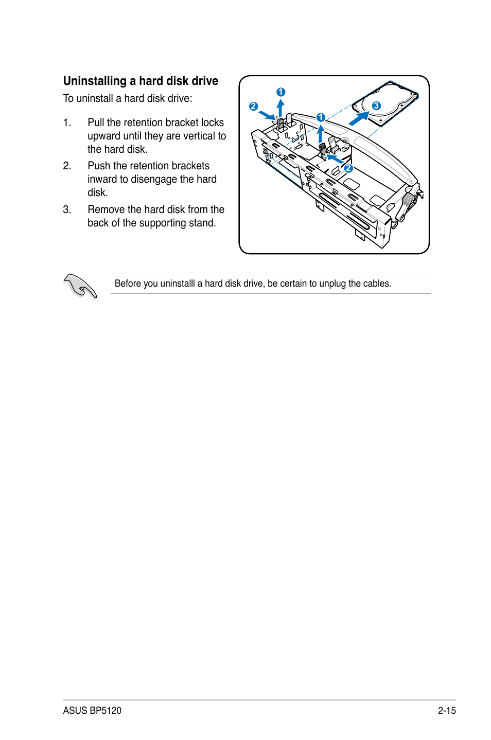 Uninstalling a hard disk drive | Asus BP5120 User Manual | Page 37 / 56