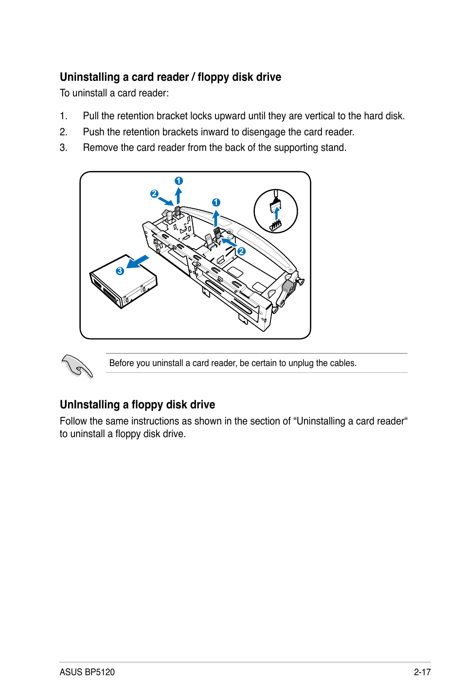 Uninstalling a card reader / floppy disk drive, Uninstalling a floppy disk drive | Asus BP5120 User Manual | Page 39 / 56