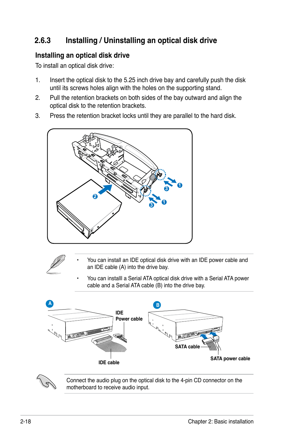 3 installing / uninstalling an optical disk drive, Installing an optical disk drive | Asus BP5120 User Manual | Page 40 / 56