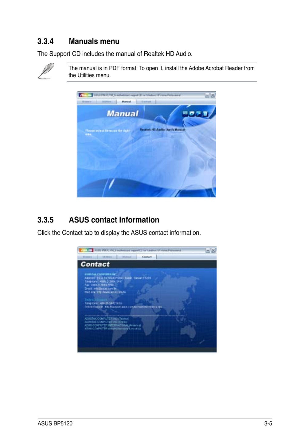 4 manuals menu, 5 asus contact information | Asus BP5120 User Manual | Page 51 / 56