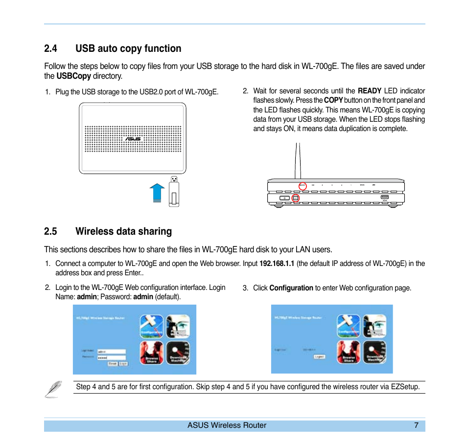 4 usb auto copy function, 5 wireless data sharing | Asus WL-700gE User Manual | Page 10 / 24