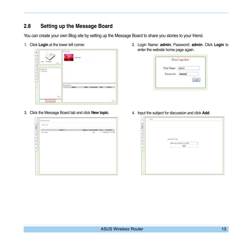 8 setting up the message board | Asus WL-700gE User Manual | Page 16 / 24