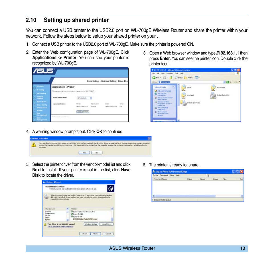 10 setting up shared printer | Asus WL-700gE User Manual | Page 21 / 24