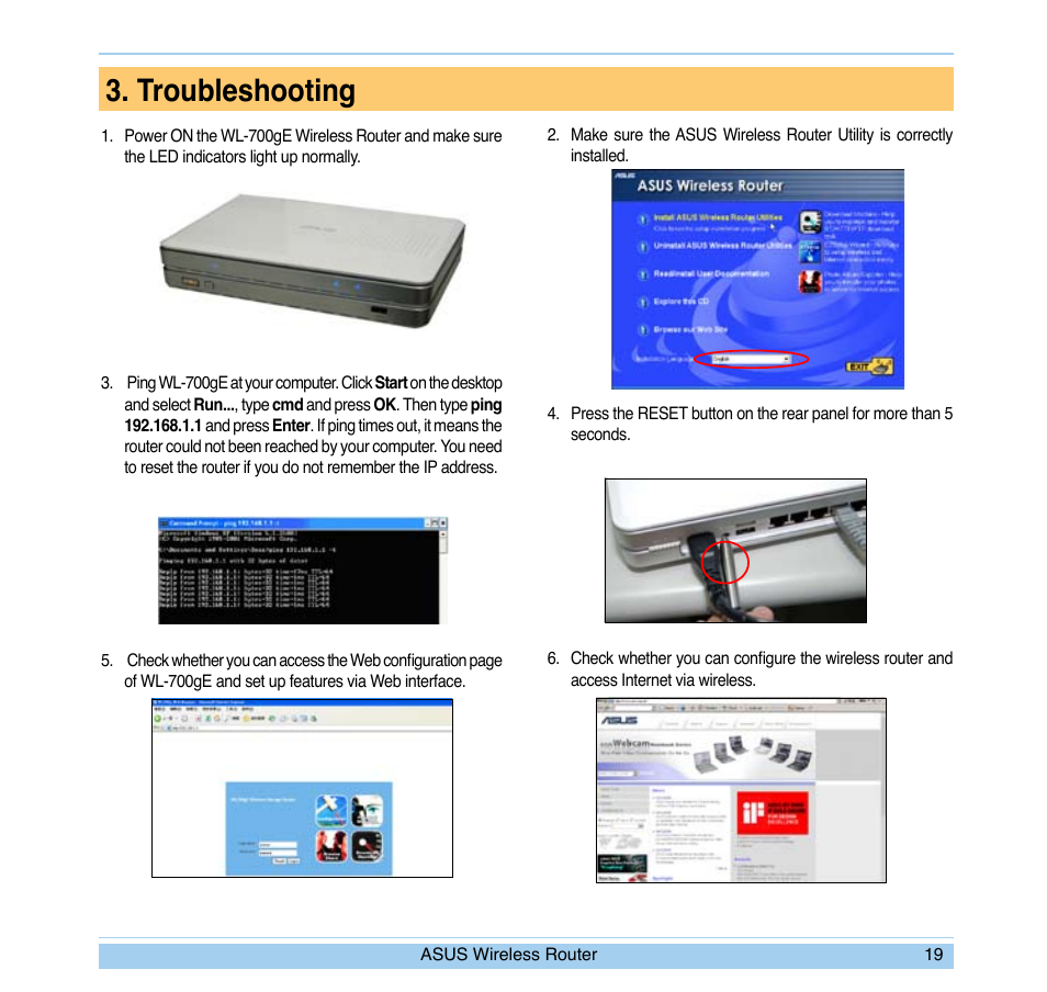 Troubleshooting | Asus WL-700gE User Manual | Page 22 / 24