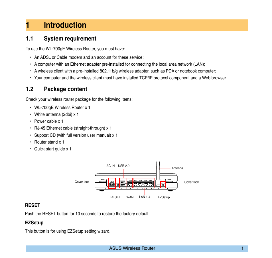 1introduction, 1 system requirement, 2 package content | Asus WL-700gE User Manual | Page 4 / 24