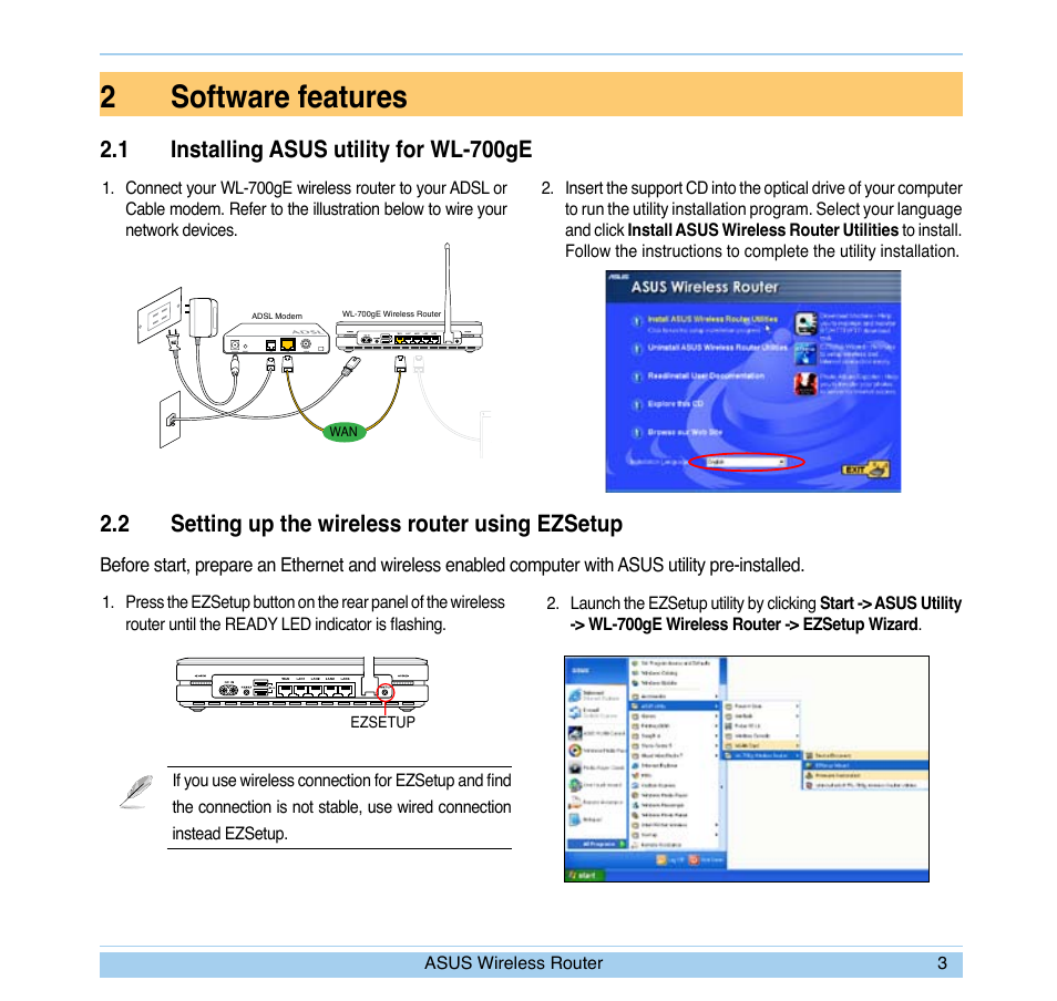 2software features, 1 installing asus utility for wl-700ge, 2 setting up the wireless router using ezsetup | Asus WL-700gE User Manual | Page 6 / 24